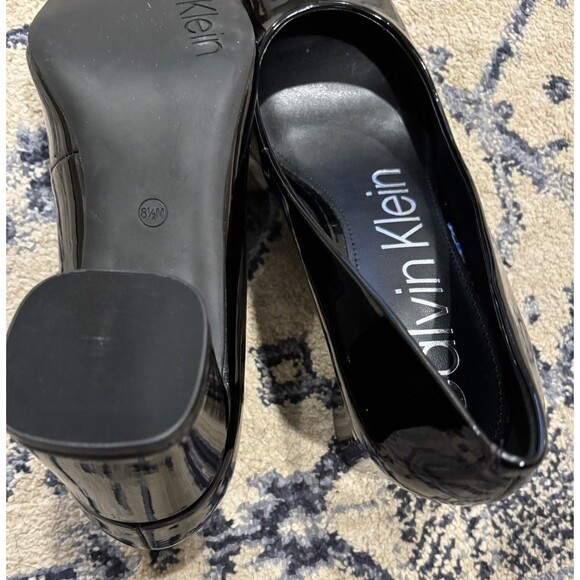 CALVIN KLEIN Square Toe Block Heel Dress Pump Women 8.5M Black Shiny Black Heel - Picture 5 of 7